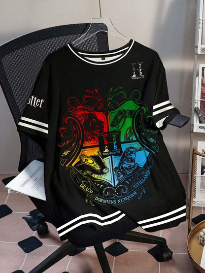 HARRY POTTER X Plus Size Summer Casual College Badge Print Short Sleeve T-Shirt