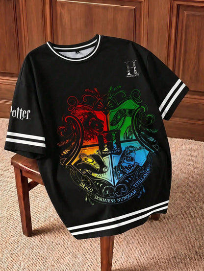 HARRY POTTER X Plus Size Summer Casual College Badge Print Short Sleeve T-Shirt