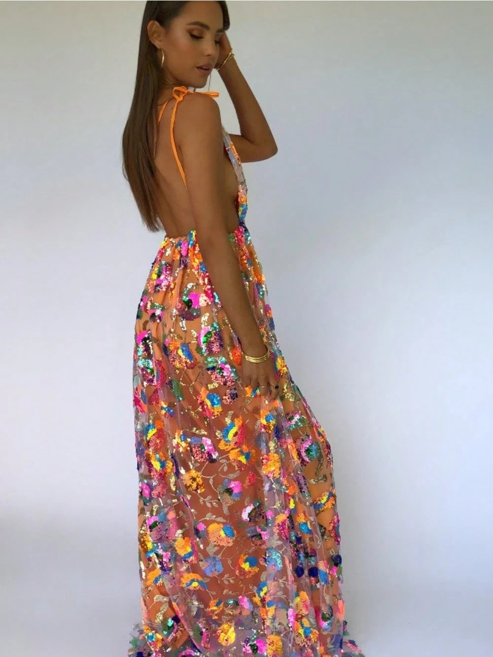 Haute Temperament Fashion Deep V Halter Sequined Floral Lace-Up Women's Sexy Split-Ended Long Dress