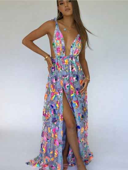 Haute Temperament Fashion Deep V Halter Sequined Floral Lace-Up Women's Sexy Split-Ended Long Dress