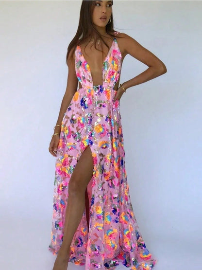 Haute Temperament Fashion Deep V Halter Sequined Floral Lace-Up Women's Sexy Split-Ended Long Dress