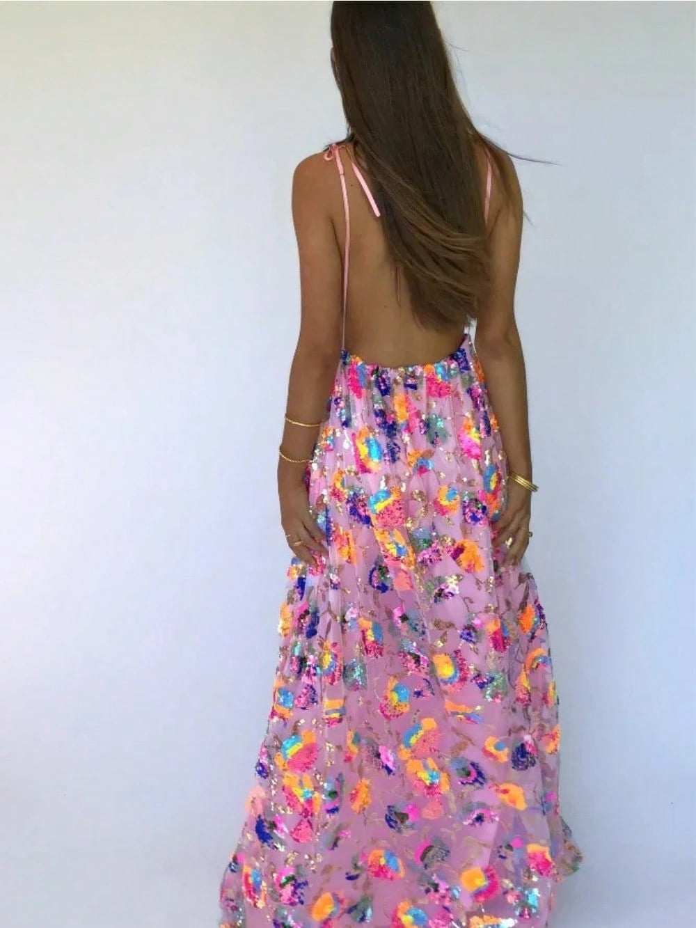 Haute Temperament Fashion Deep V Halter Sequined Floral Lace-Up Women's Sexy Split-Ended Long Dress