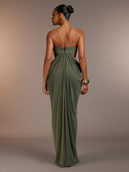 Hauture Women's Elegant Sexy Strapless Cut-Out Maxi Dress Soft Drape, Vacation, Travel Friendly, Beach Club Night Out, Resort, Olive Green Summer
