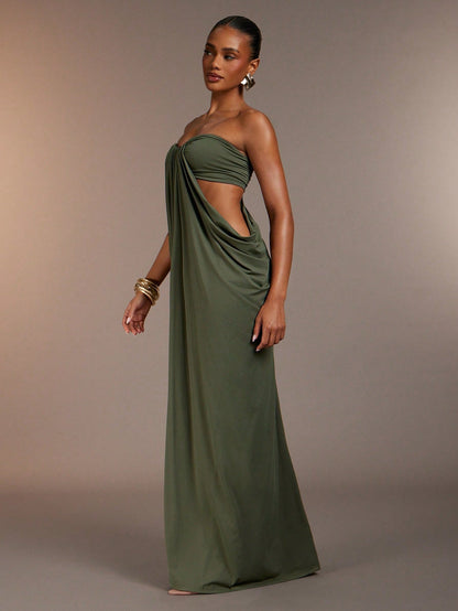 Hauture Women's Elegant Sexy Strapless Cut-Out Maxi Dress Soft Drape, Vacation, Travel Friendly, Beach Club Night Out, Resort, Olive Green Summer