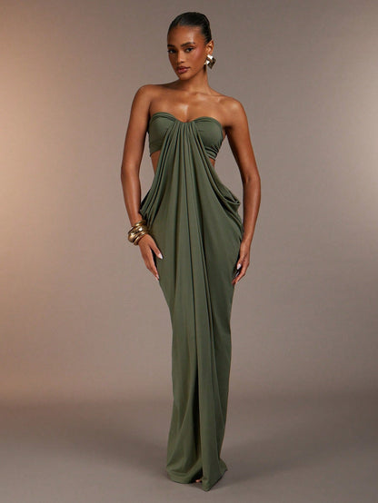 Hauture Women's Elegant Sexy Strapless Cut-Out Maxi Dress Soft Drape, Vacation, Travel Friendly, Beach Club Night Out, Resort, Olive Green Summer