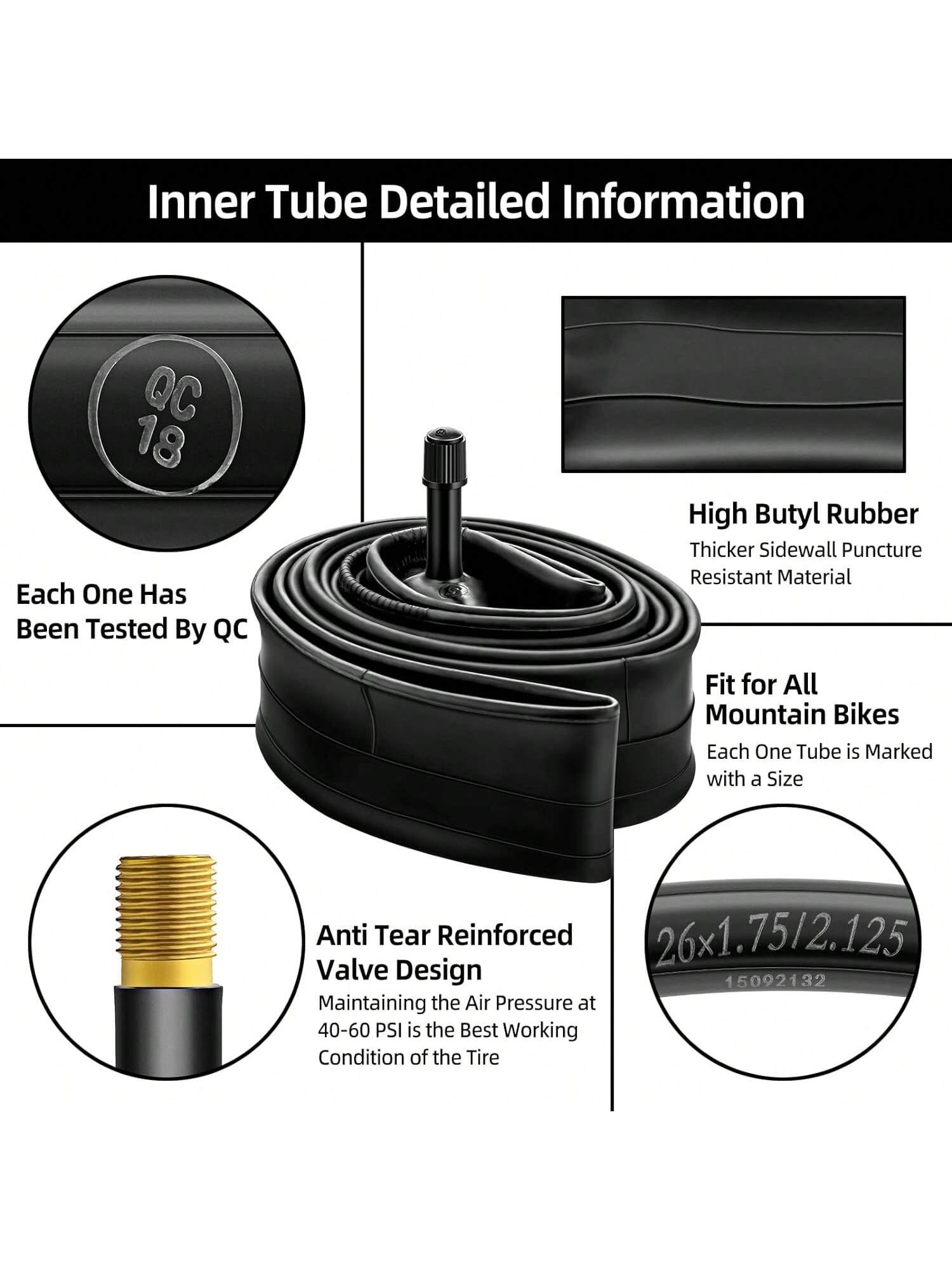 Heavy Duty Thick Butyl Rubber Bicycle Inner Tube, 8/10/12/14/16/18/20/22/24/26/27/29 Inch 1.75-2.125/ 2.125-2.4, 32mm Schrader Valve, Comes With Tire Levers, Universal MTB & Road Bike Replacement Cyc