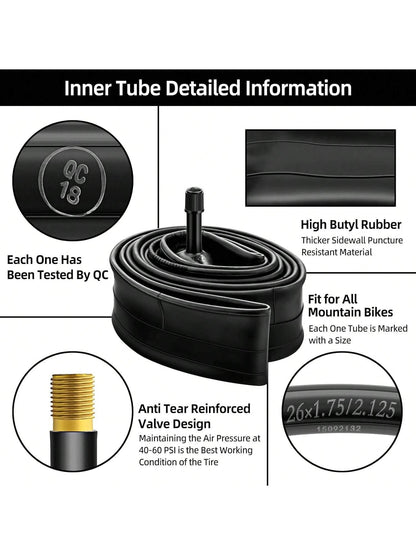 Heavy Duty Thick Butyl Rubber Bicycle Inner Tube, 8/10/12/14/16/18/20/22/24/26/27/29 Inch 1.75-2.125/ 2.125-2.4, 32mm Schrader Valve, Comes With Tire Levers, Universal MTB & Road Bike Replacement Cyc