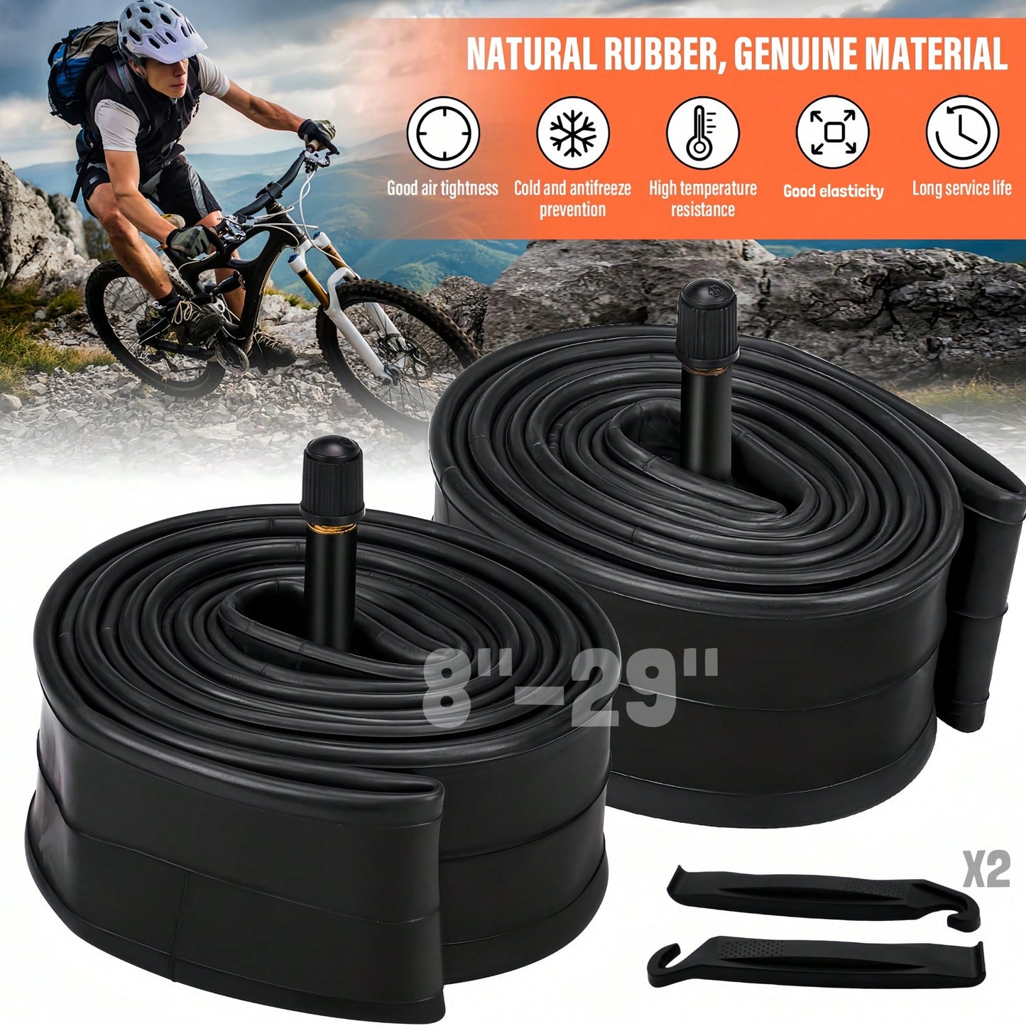 Heavy Duty Thick Butyl Rubber Bicycle Inner Tube, 8/10/12/14/16/18/20/22/24/26/27/29 Inch 1.75-2.125/ 2.125-2.4, 32mm Schrader Valve, Comes With Tire Levers, Universal MTB & Road Bike Replacement Cyc
