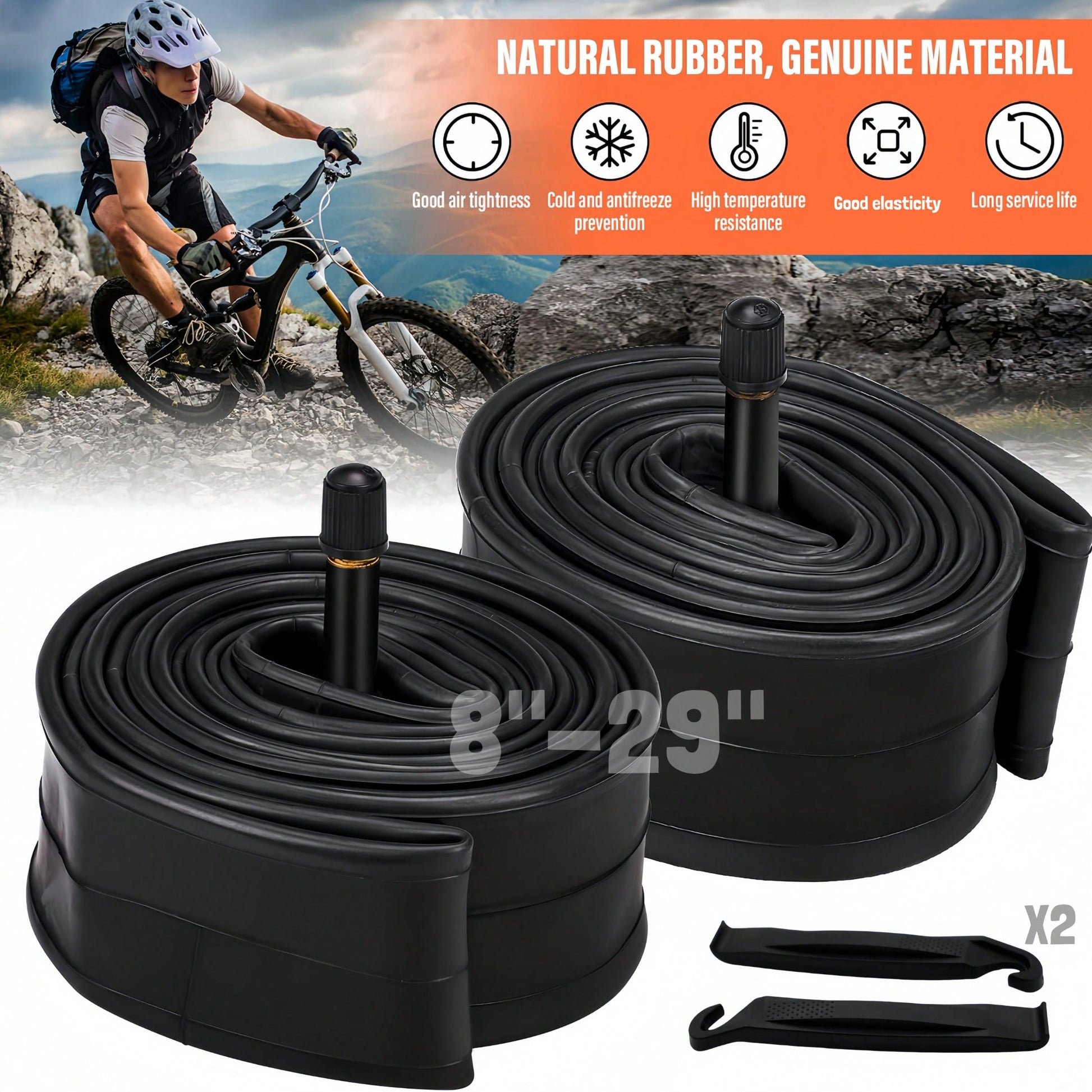 Heavy Duty Thick Butyl Rubber Bicycle Inner Tube, 8/10/12/14/16/18/20/22/24/26/27/29 Inch 1.75-2.125/ 2.125-2.4, 32mm Schrader Valve, Comes With Tire Levers, Universal MTB & Road Bike Replacement Cyc