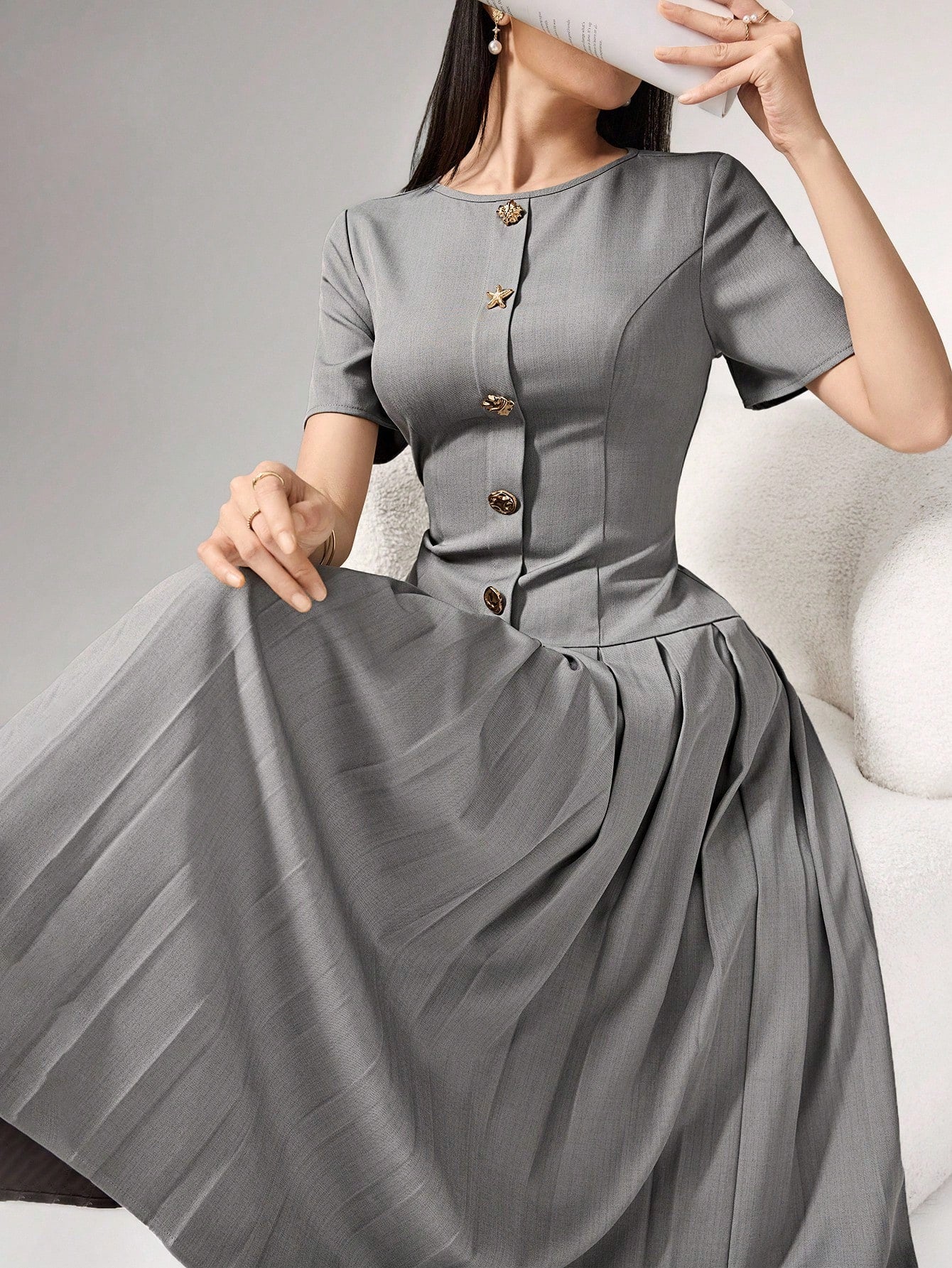 Heiryn Elegant Commuter Asymmetric Grey Pleated Dress For Women,Button Summer Outfits,Back To School, Clothes,Gray,Elegant,Tea Party Office Teachers' Day