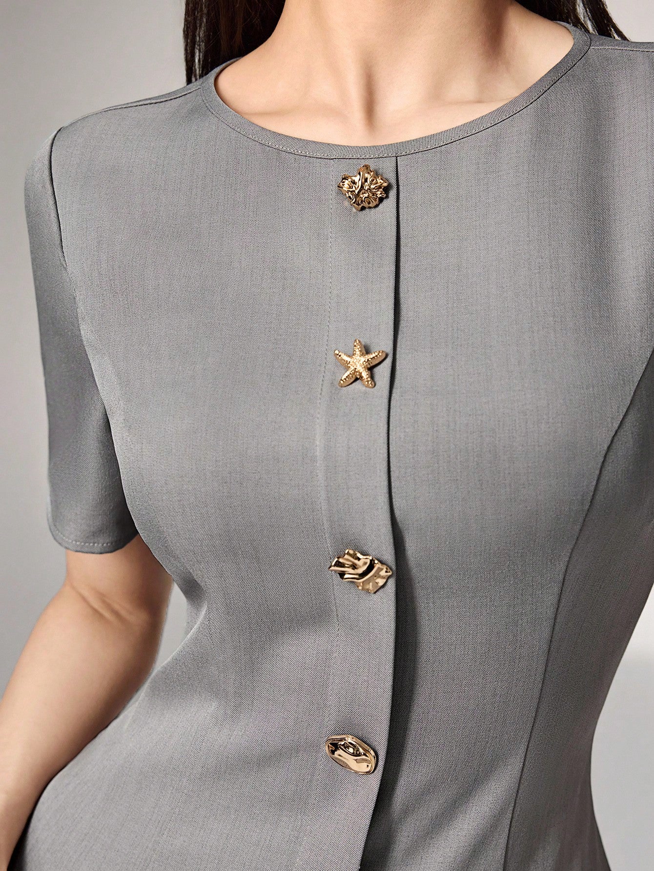 Heiryn Elegant Commuter Asymmetric Grey Pleated Dress For Women,Button Summer Outfits,Back To School, Clothes,Gray,Elegant,Tea Party Office Teachers' Day