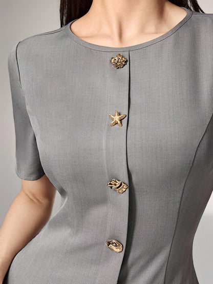 Heiryn Elegant Commuter Asymmetric Grey Pleated Dress For Women,Button Summer Outfits,Back To School, Clothes,Gray,Elegant,Tea Party Office Teachers' Day