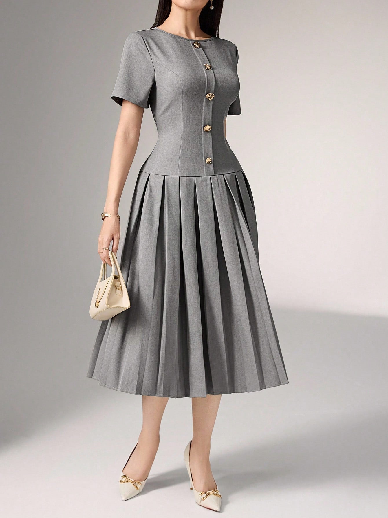 Heiryn Elegant Commuter Asymmetric Grey Pleated Dress For Women,Button Summer Outfits,Back To School, Clothes,Gray,Elegant,Tea Party Office Teachers' Day