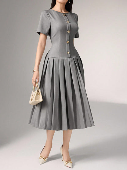 Heiryn Elegant Commuter Asymmetric Grey Pleated Dress For Women,Button Summer Outfits,Back To School, Clothes,Gray,Elegant,Tea Party Office Teachers' Day