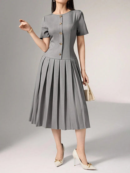 Heiryn Elegant Commuter Asymmetric Grey Pleated Dress For Women,Button Summer Outfits,Back To School, Clothes,Gray,Elegant,Tea Party Office Teachers' Day