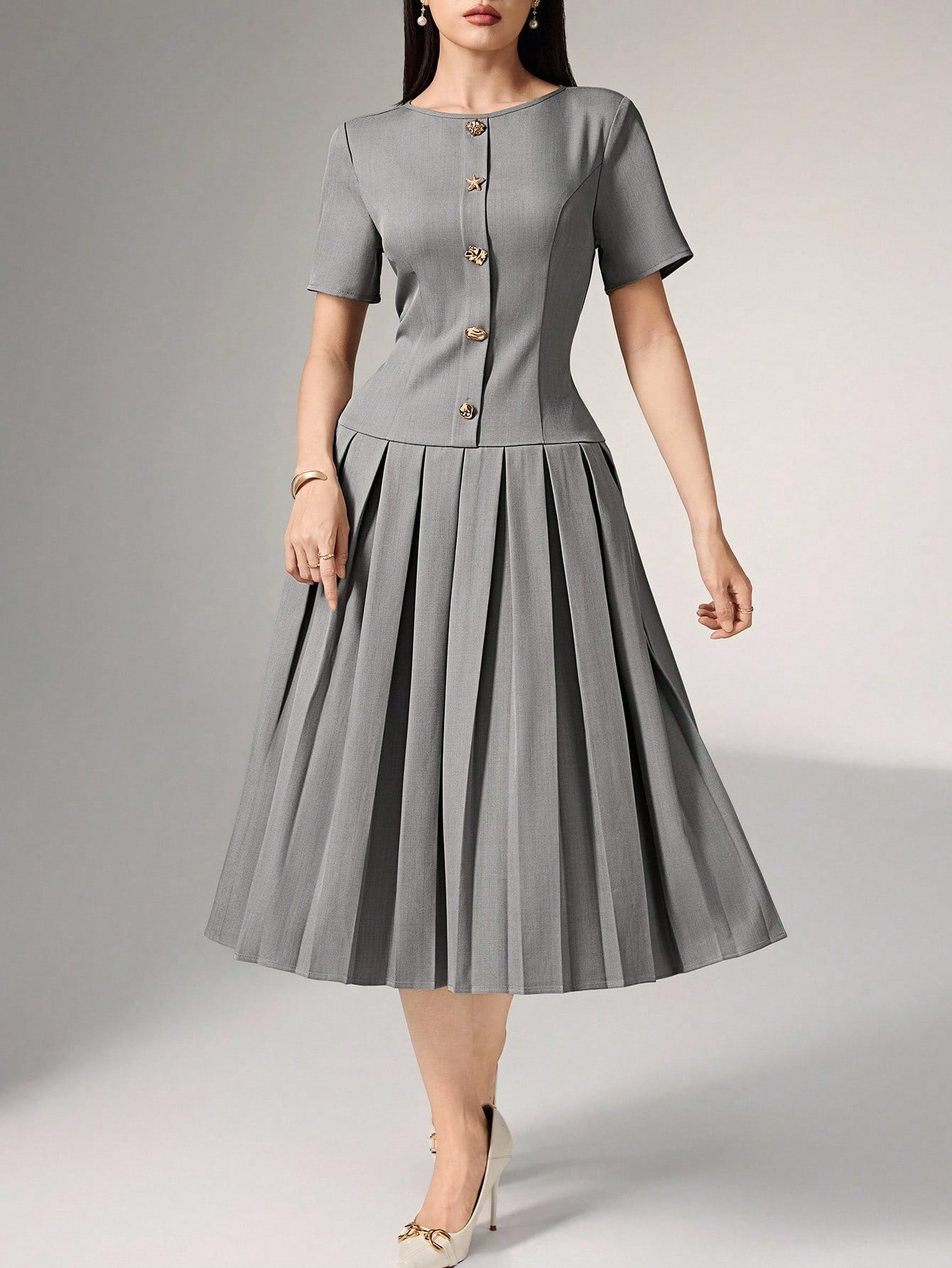Heiryn Elegant Commuter Asymmetric Grey Pleated Dress For Women,Button Summer Outfits,Back To School, Clothes,Gray,Elegant,Tea Party Office Teachers' Day