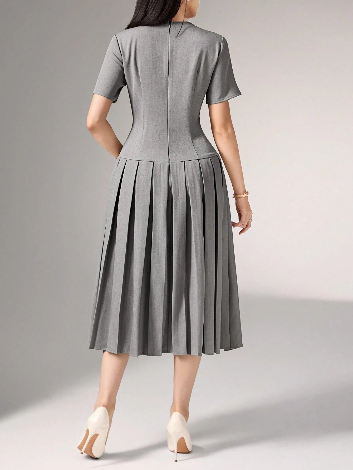 Heiryn Elegant Commuter Asymmetric Grey Pleated Dress For Women,Button Summer Outfits,Back To School, Clothes,Gray,Elegant,Tea Party Office Teachers' Day