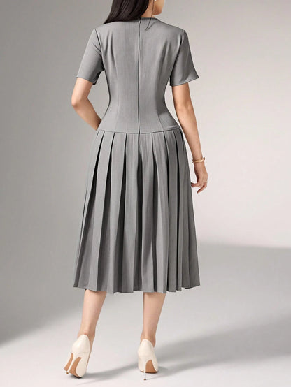 Heiryn Elegant Commuter Asymmetric Grey Pleated Dress For Women,Button Summer Outfits,Back To School, Clothes,Gray,Elegant,Tea Party Office Teachers' Day