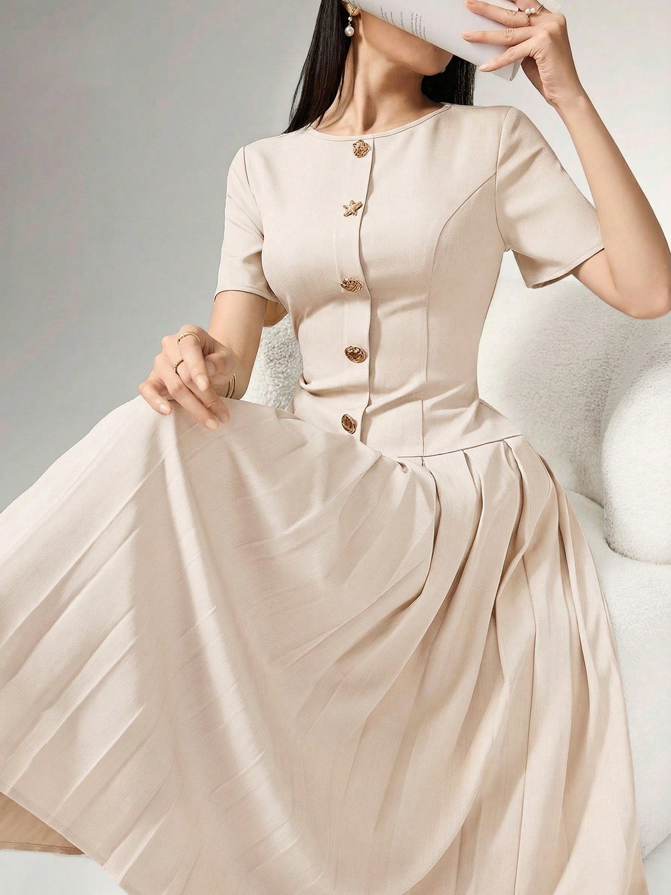 Heiryn Elegant Commuter Asymmetric Grey Pleated Dress For Women,Button Summer Outfits,Back To School, Clothes,Gray,Elegant,Tea Party Office Teachers' Day