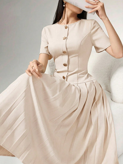 Heiryn Elegant Commuter Asymmetric Grey Pleated Dress For Women,Button Summer Outfits,Back To School, Clothes,Gray,Elegant,Tea Party Office Teachers' Day