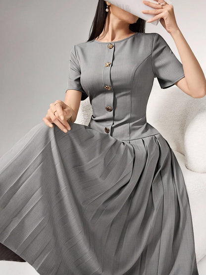 Heiryn Elegant Commuter Asymmetric Grey Pleated Dress For Women,Button Summer Outfits,Back To School, Clothes,Gray,Elegant,Tea Party Office Teachers' Day