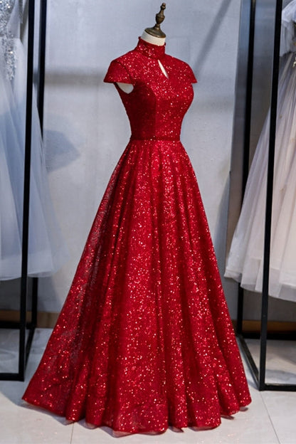High Neck Red Long Formal Dress with Key Hole