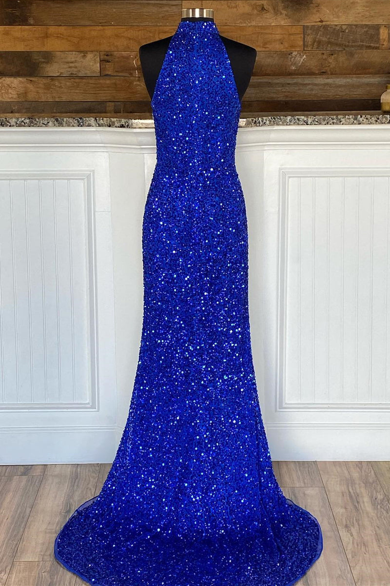 High Neck Royal Blue Sequin Mermaid Long Formal Dress with Detachable Train