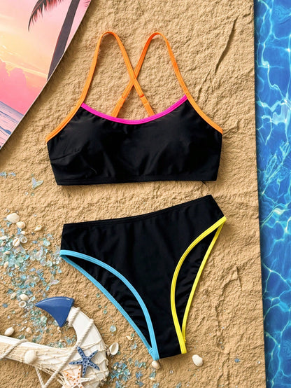 Holidaya New Summer Women's Spaghetti Strap Sleeveless Black Top With Colorful Trim And Black Shorts, Simple Elegant Playful Cute Colorblock Patchwork, Suitable For Vacation Travel Beach Swimwea