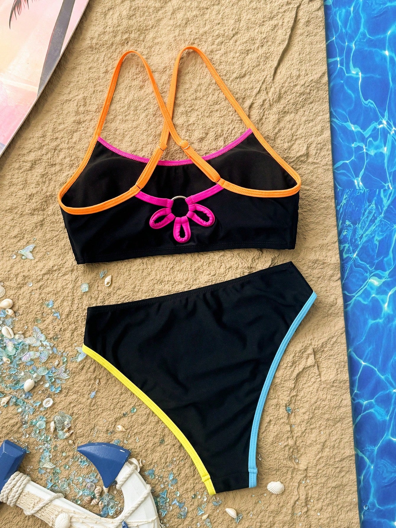 Holidaya New Summer Women's Spaghetti Strap Sleeveless Black Top With Colorful Trim And Black Shorts, Simple Elegant Playful Cute Colorblock Patchwork, Suitable For Vacation Travel Beach Swimwea