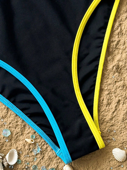 Holidaya New Summer Women's Spaghetti Strap Sleeveless Black Top With Colorful Trim And Black Shorts, Simple Elegant Playful Cute Colorblock Patchwork, Suitable For Vacation Travel Beach Swimwea