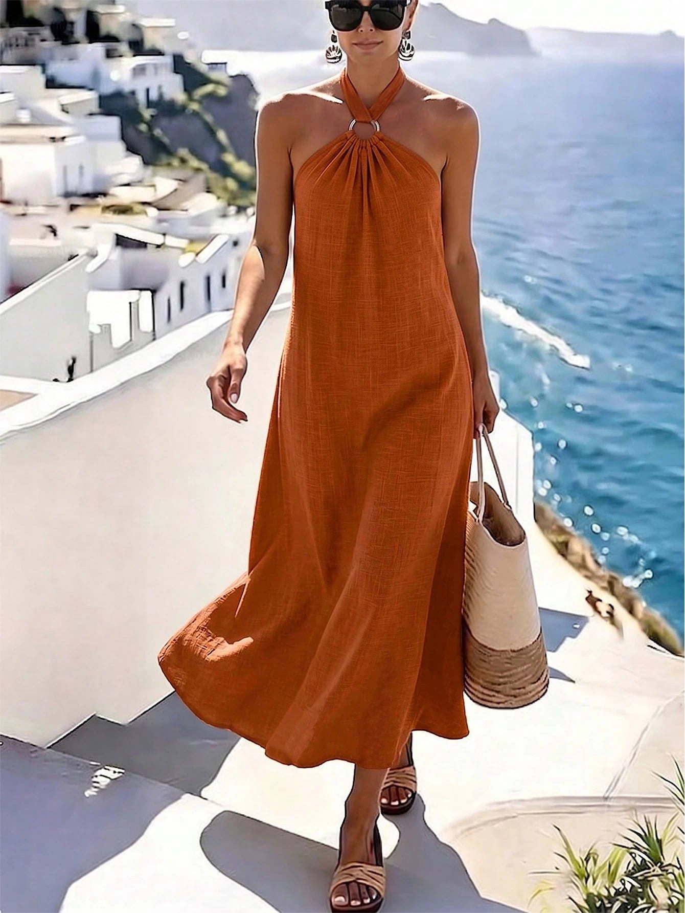 Holidaya Women's Elegant Halter Neck Beach Vacation Dress, Orange Elegant Slimming A-Line Skirt, Sleeveless Full Skirt Mediterranean Vacation Style Dress, Loose Fit Slimming, Ring Buckle Design