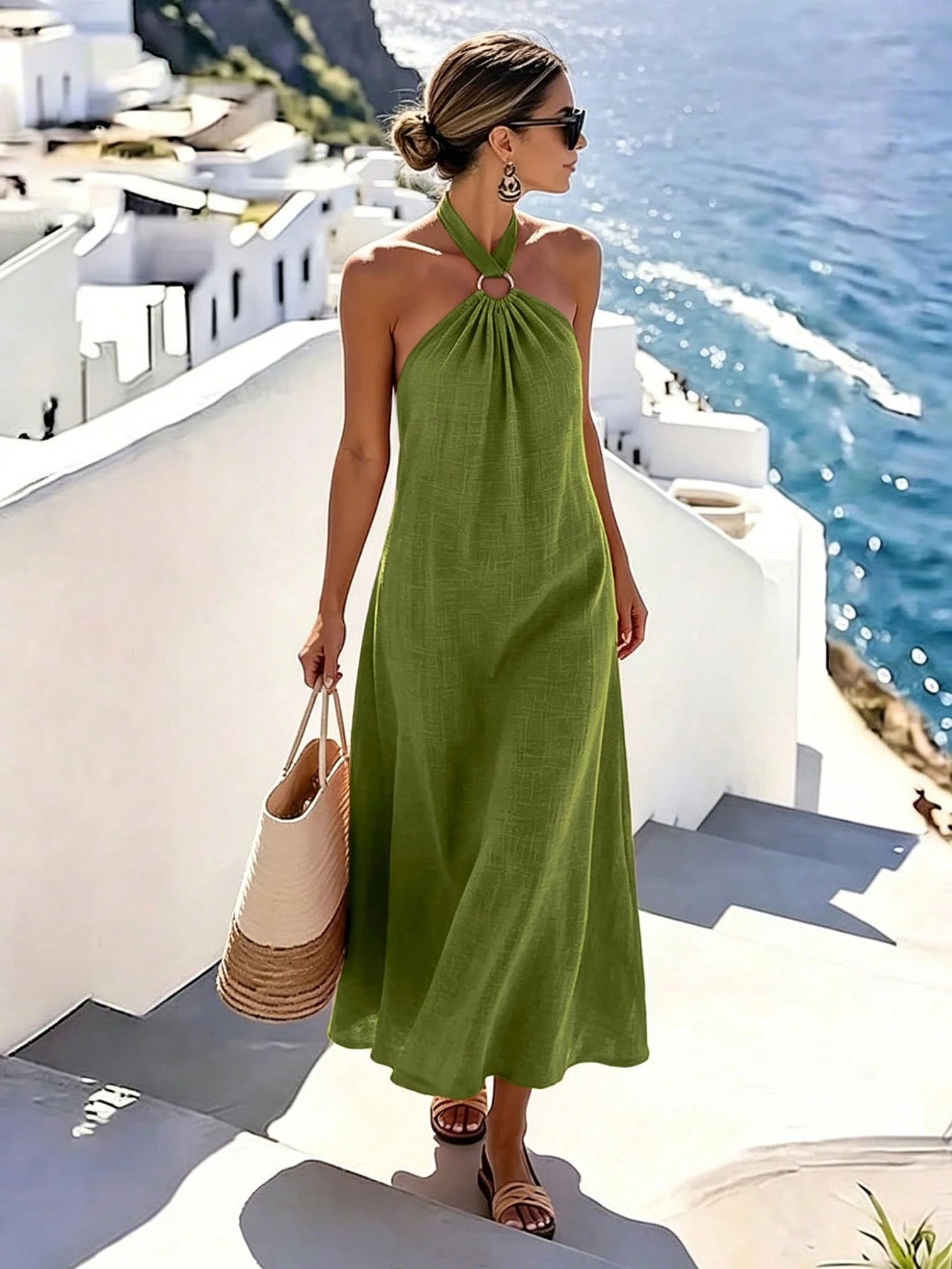 Holidaya Women's Elegant Halter Neck Beach Vacation Dress, Orange Elegant Slimming A-Line Skirt, Sleeveless Full Flare Mediterranean Vacation Style Dress, Loose Slimming, Ring Buckle Design, Gen