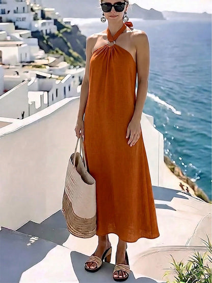 Holidaya Women's Elegant Halter Neck Beach Vacation Dress, Orange Elegant Slimming A-Line Skirt, Sleeveless Full Skirt Mediterranean Vacation Style Dress, Loose Fit Slimming, Ring Buckle Design