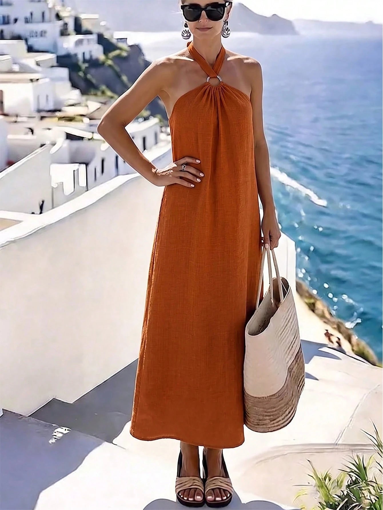 Holidaya Women's Elegant Halter Neck Beach Vacation Dress, Orange Elegant Slimming A-Line Skirt, Sleeveless Full Skirt Mediterranean Vacation Style Dress, Loose Fit Slimming, Ring Buckle Design