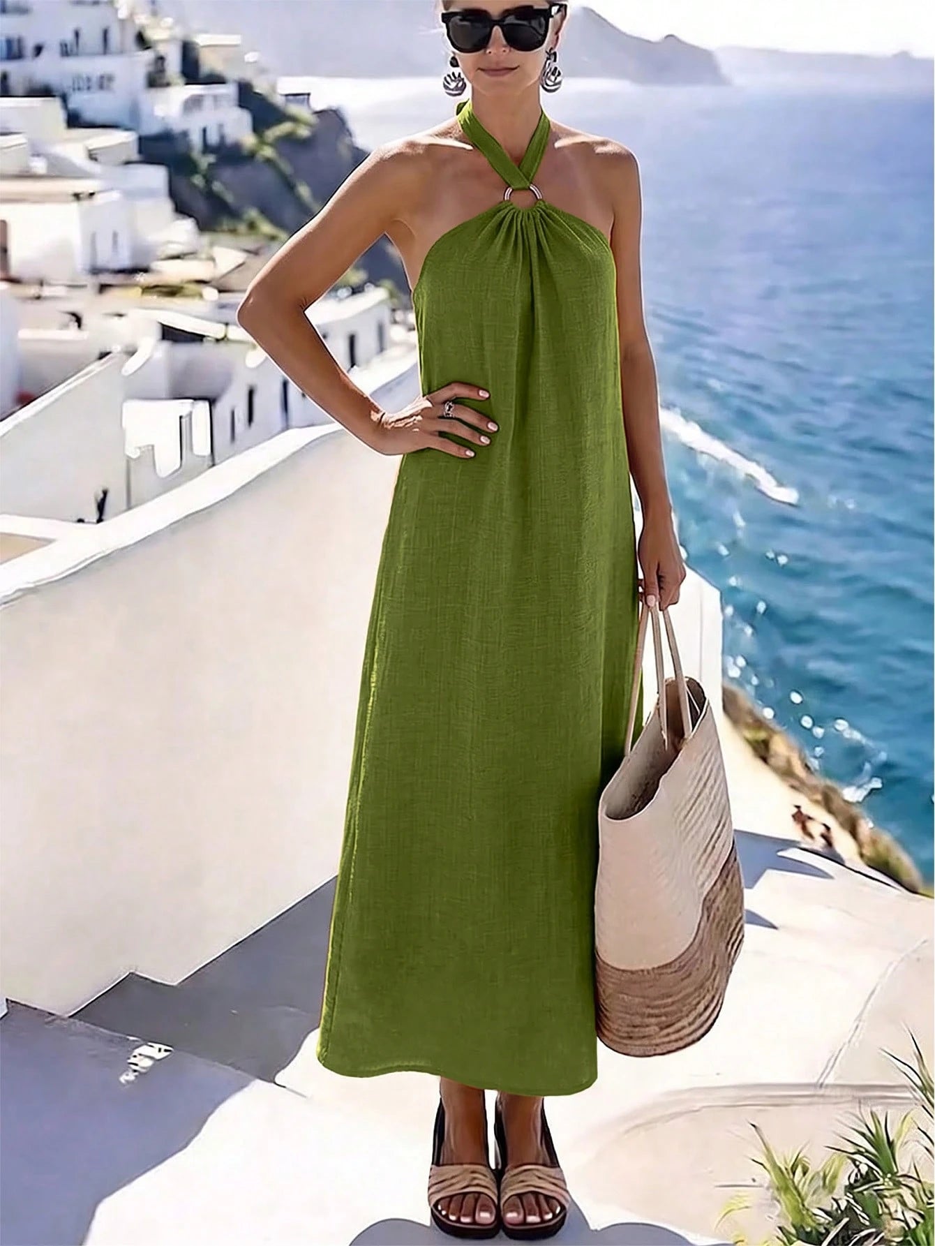 Holidaya Women's Elegant Halter Neck Beach Vacation Dress, Orange Elegant Slimming A-Line Skirt, Sleeveless Full Flare Mediterranean Vacation Style Dress, Loose Slimming, Ring Buckle Design, Gen