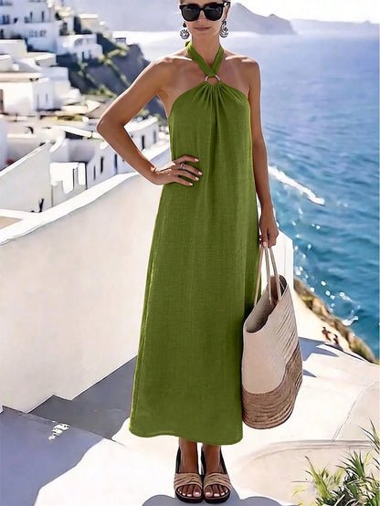 Holidaya Women's Elegant Halter Neck Beach Vacation Dress, Orange Elegant Slimming A-Line Skirt, Sleeveless Full Flare Mediterranean Vacation Style Dress, Loose Slimming, Ring Buckle Design, Gen