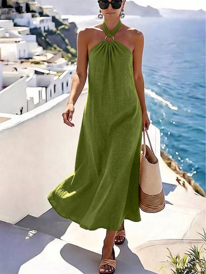 Holidaya Women's Elegant Halter Neck Beach Vacation Dress, Orange Elegant Slimming A-Line Skirt, Sleeveless Full Skirt Mediterranean Vacation Style Dress, Loose Fit Slimming, Ring Buckle Design
