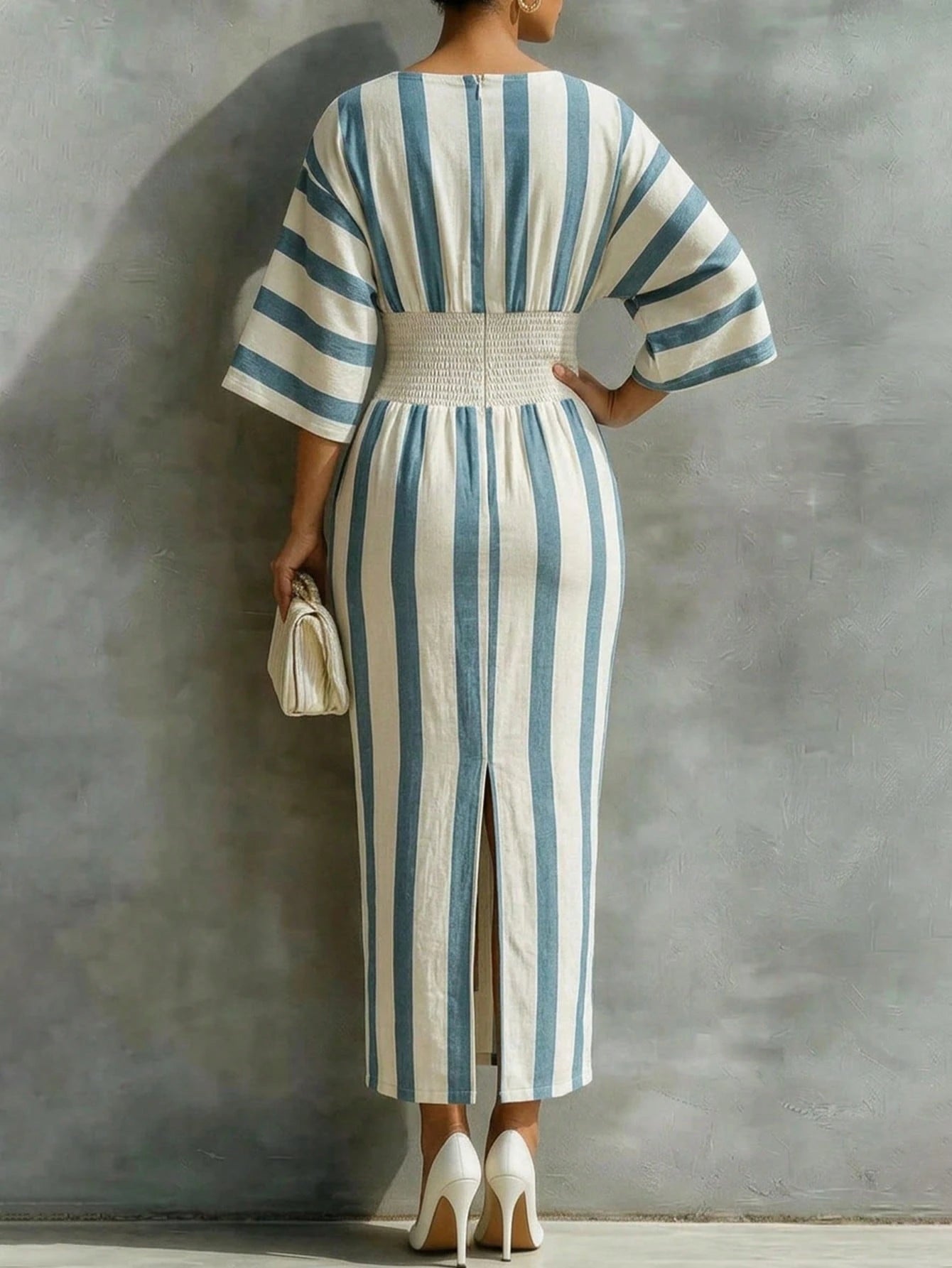 Holidaya Women's Long, Fitted, Boat Neck, Short Sleeve Blue Striped Dress; Women's Summer Dress; Suitable For Outings; Elegant Women's Dress.Blue Dress