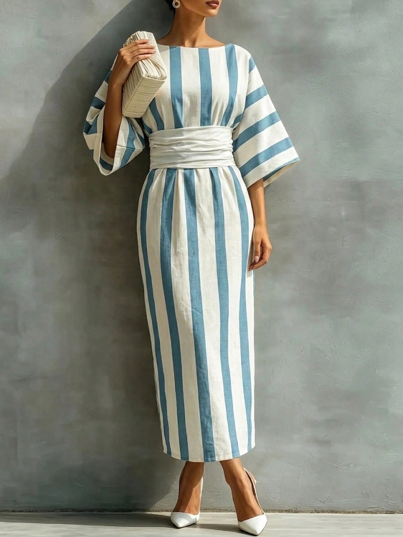 Holidaya Women's Long, Fitted, Boat Neck, Short Sleeve Blue Striped Dress; Women's Summer Dress; Suitable For Outings; Elegant Women's Dress.Blue Dress