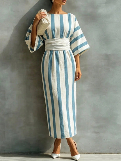 Holidaya Women's Long, Fitted, Boat Neck, Short Sleeve Blue Striped Dress; Women's Summer Dress; Suitable For Outings; Elegant Women's Dress.Blue Dress