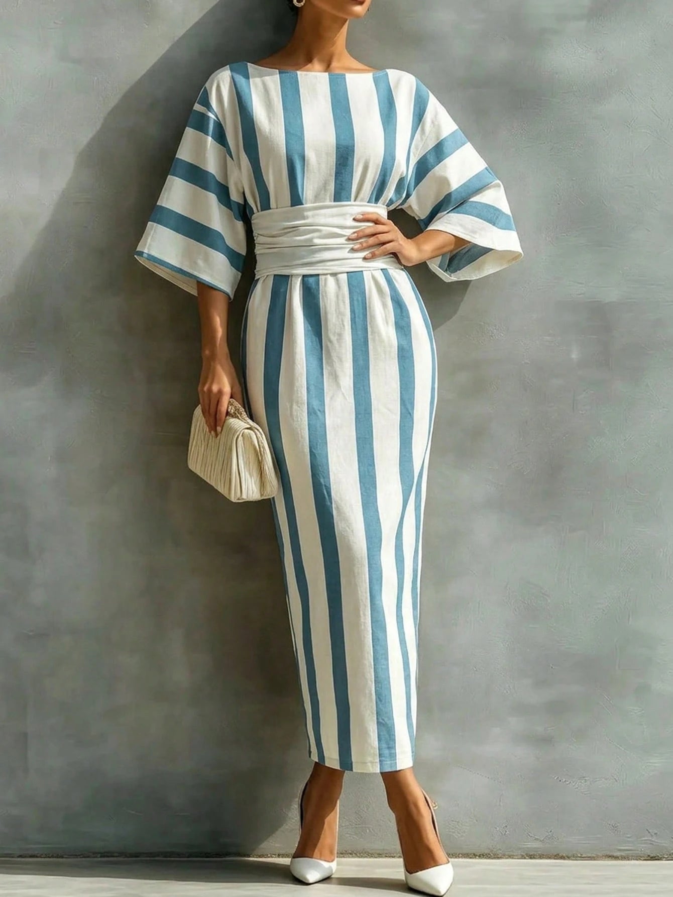 Holidaya Women's Long, Fitted, Boat Neck, Short Sleeve Blue Striped Dress; Women's Summer Dress; Suitable For Outings; Elegant Women's Dress.Blue Dress