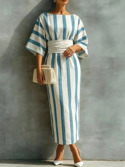 Holidaya Women's Long, Fitted, Boat Neck, Short Sleeve Blue Striped Dress; Women's Summer Dress; Suitable For Outings; Elegant Women's Dress.Blue Dress