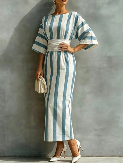 Holidaya Women's Long, Fitted, Boat Neck, Short Sleeve Blue Striped Dress; Women's Summer Dress; Suitable For Outings; Elegant Women's Dress.Blue Dress