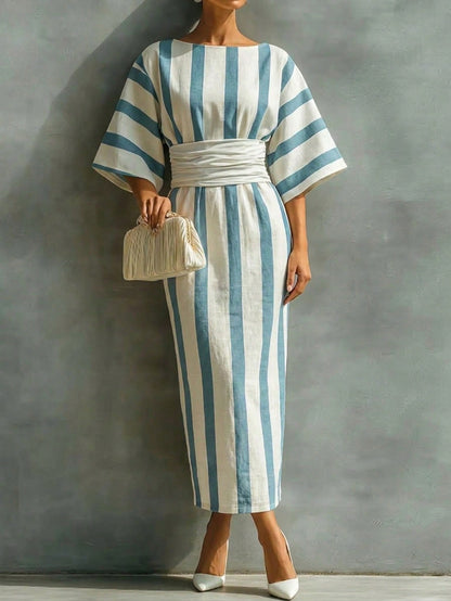 Holidaya Women's Long, Fitted, Boat Neck, Short Sleeve Blue Striped Dress; Women's Summer Dress; Suitable For Outings; Elegant Women's Dress.Blue Dress