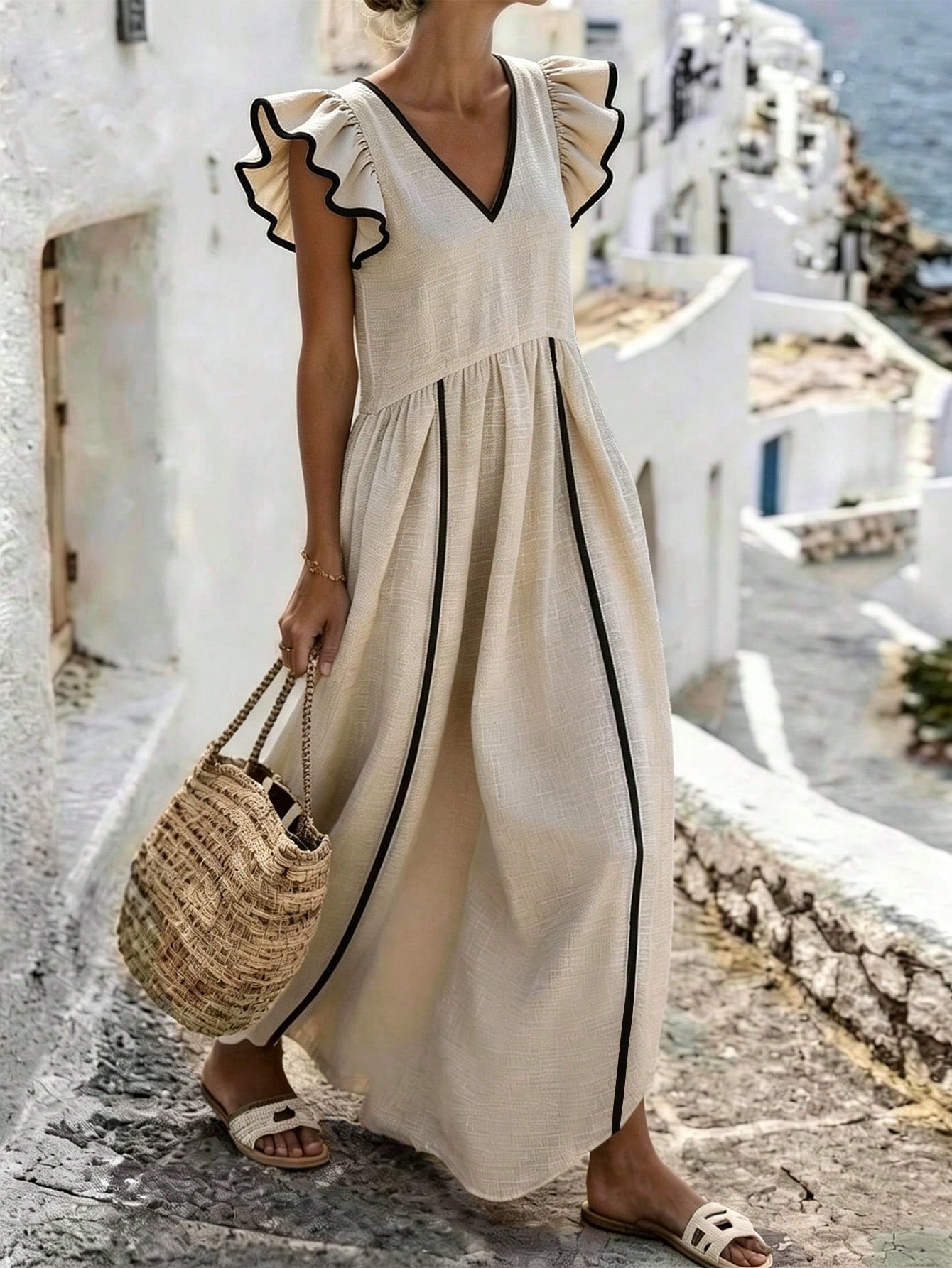 Holidaya Women's Summer Apricot V-Neck Flutter Sleeve Loose Long Dress, High Waist Full Skirt, Textured Flutter Sleeve Dress, Versatile Commute, Daily Office, Date, Dinner Party, Birthday Holida
