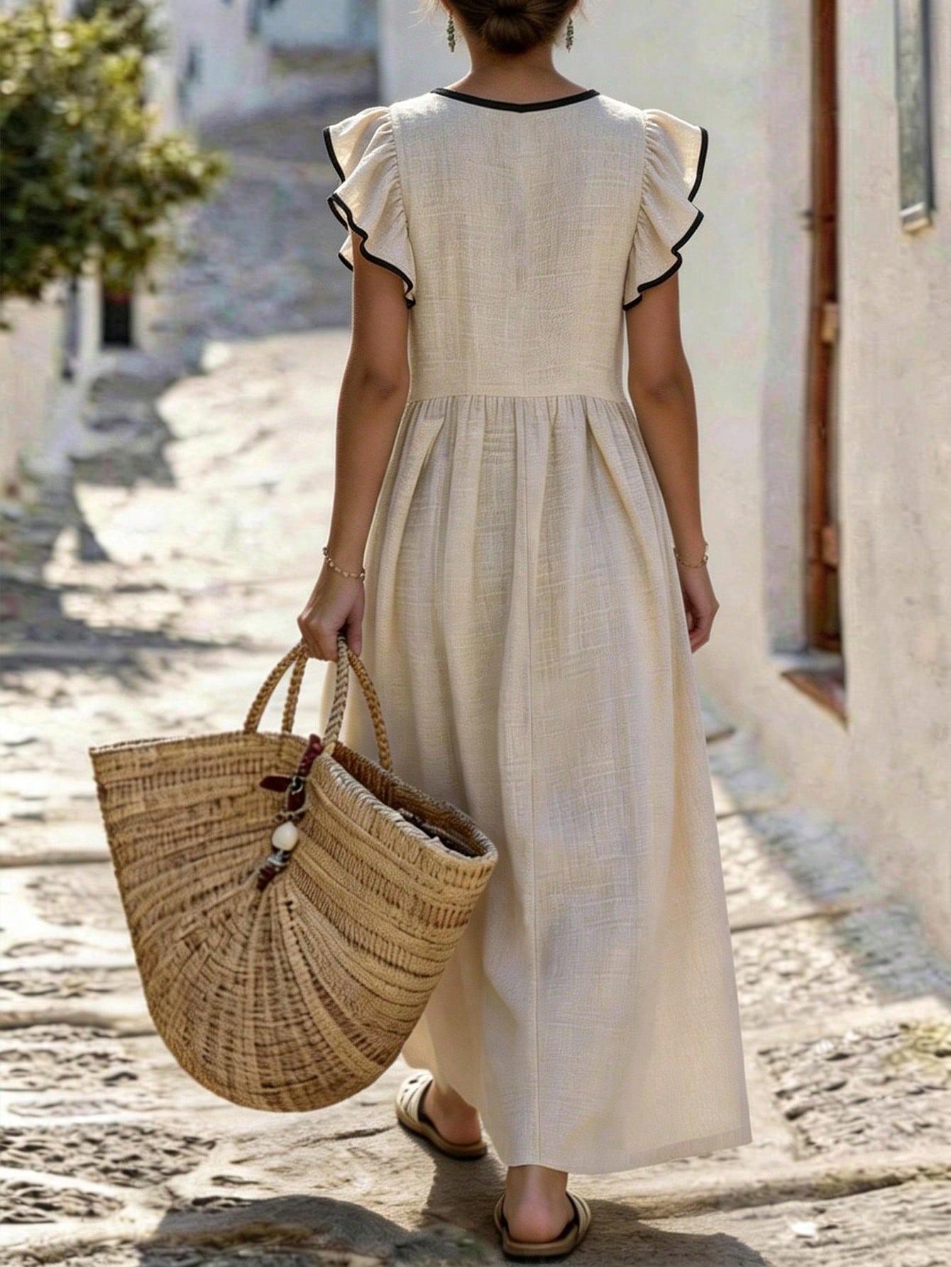 Holidaya Women's Summer Apricot V-Neck Flutter Sleeve Loose Long Dress, High Waist Full Skirt, Textured Flutter Sleeve Dress, Versatile Commute, Daily Office, Date, Dinner Party, Birthday Holida