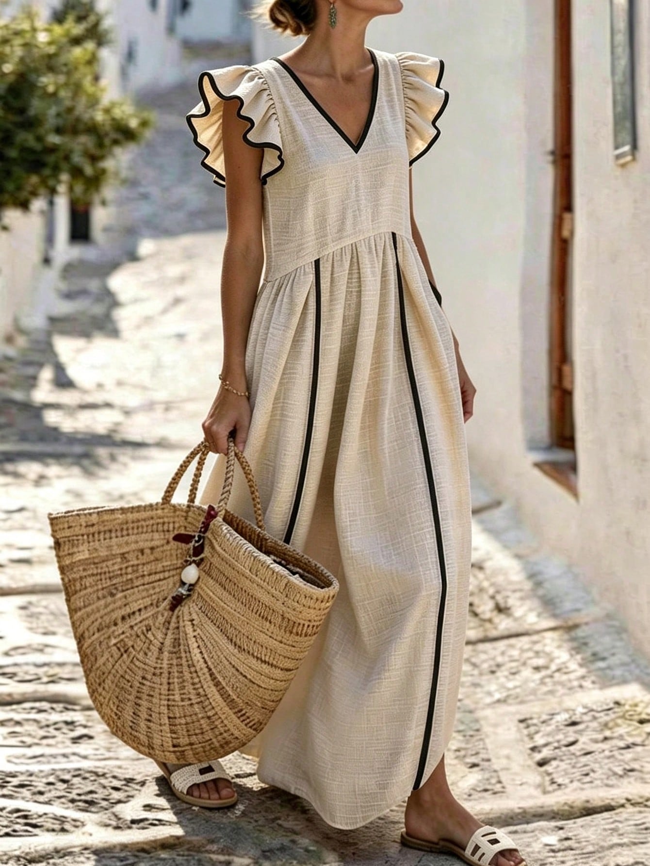Holidaya Women's Summer Apricot V-Neck Flutter Sleeve Loose Long Dress, High Waist Full Skirt, Textured Flutter Sleeve Dress, Versatile Commute, Daily Office, Date, Dinner Party, Birthday Holida