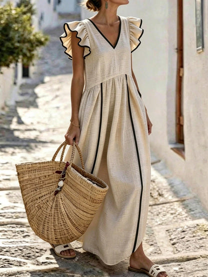 Holidaya Women's Summer Apricot V-Neck Flutter Sleeve Loose Long Dress, High Waist Full Skirt, Textured Flutter Sleeve Dress, Versatile Commute, Daily Office, Date, Dinner Party, Birthday Holida