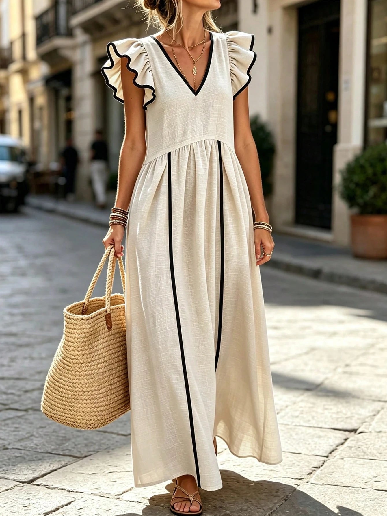 Holidaya Women's Summer Apricot V-Neck Flutter Sleeve Loose Long Dress, High Waist Full Skirt, Textured Flutter Sleeve Dress, Versatile Commute, Daily Office, Date, Dinner Party, Birthday Holida