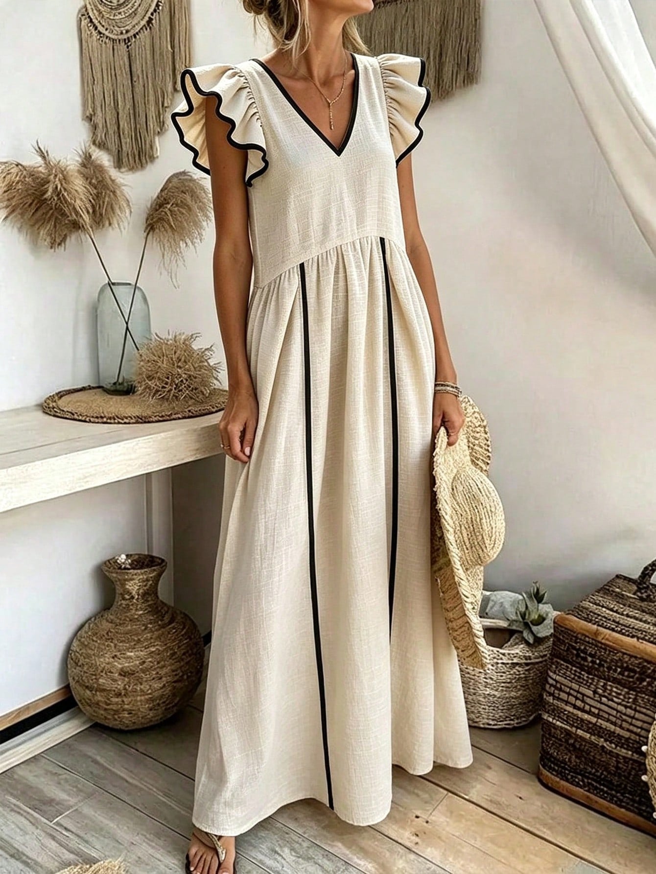 Holidaya Women's Summer Apricot V-Neck Flutter Sleeve Loose Long Dress, High Waist Full Skirt, Textured Flutter Sleeve Dress, Versatile Commute, Daily Office, Date, Dinner Party, Birthday Holida